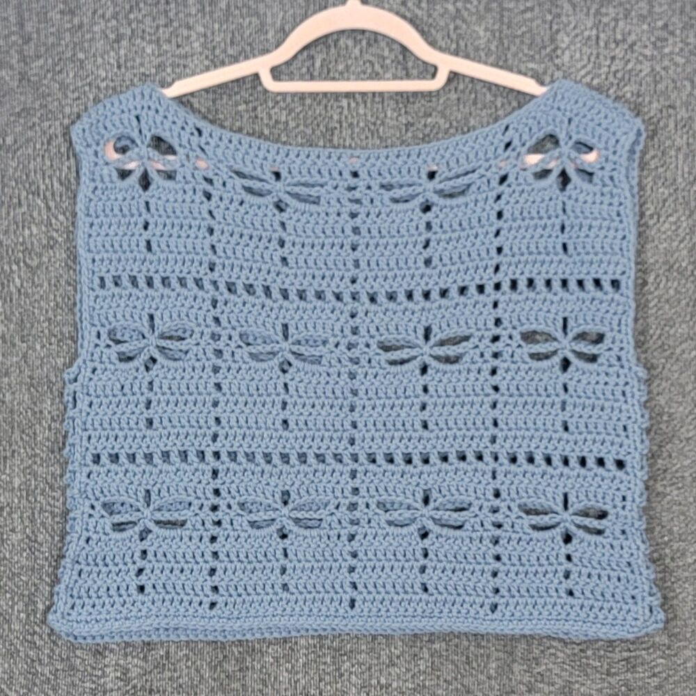 Handmade Crochet Knit Crop Top Womens Small Blue Sleeveless Boho Butterflies